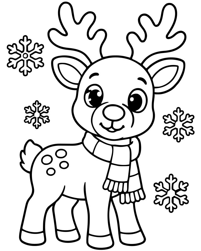 Printable reindeer and snowflakes line art — Reindeer coloring page