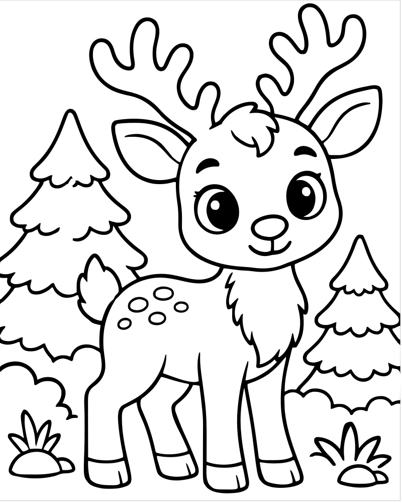Reindeer in the Forest — printable Reindeer coloring sheet for preschoolers