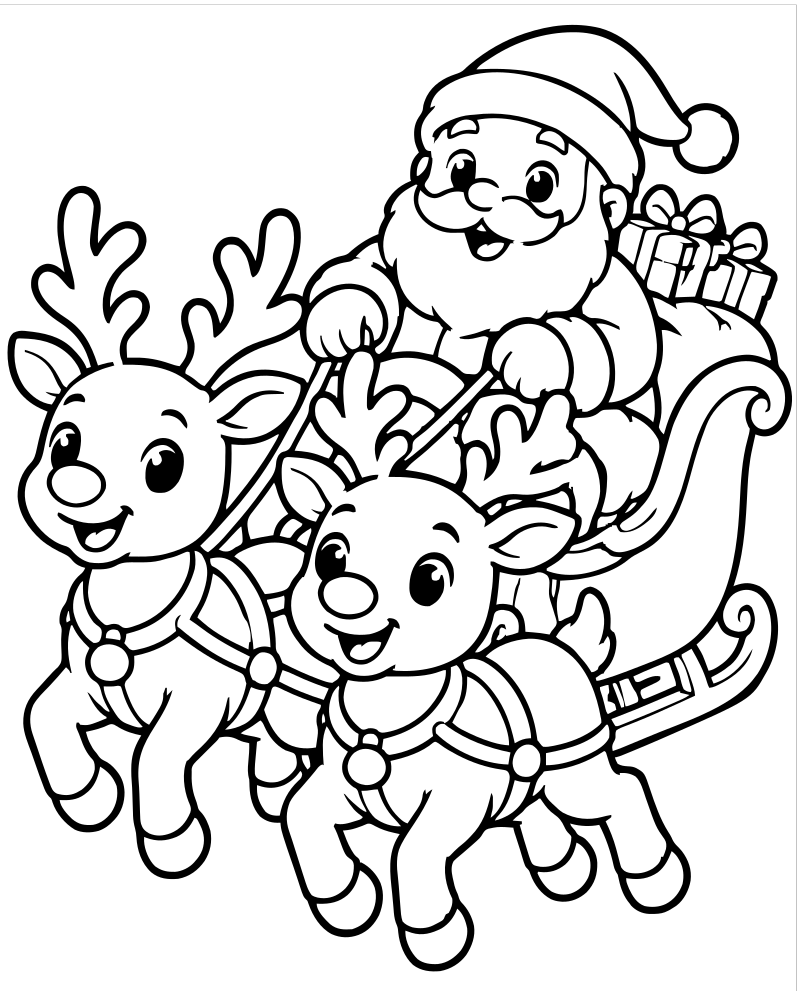 Printable reindeer sleigh team line art — Reindeer coloring page