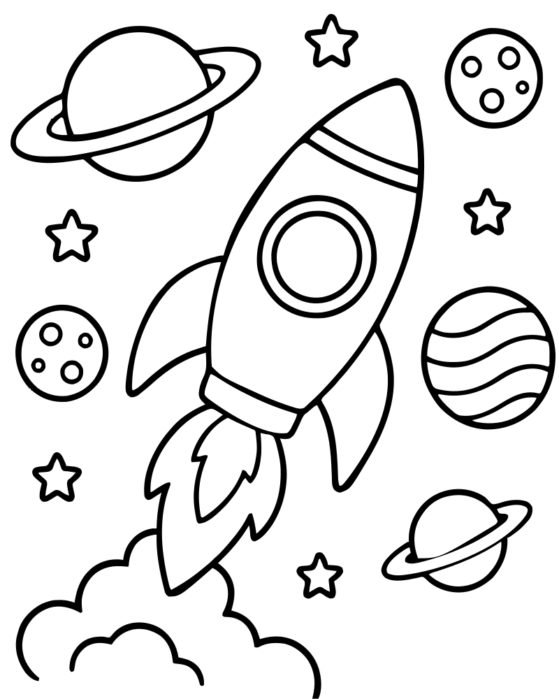 Rocket and Planets picture to color — Rocket coloring page for kids