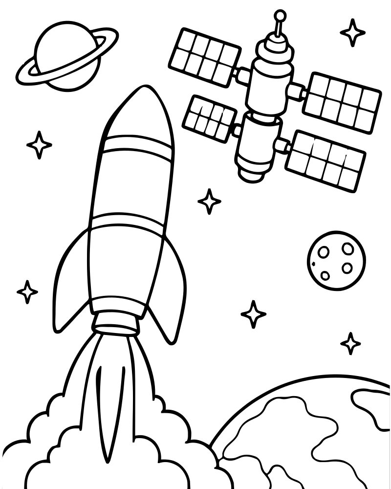 Printable rocket and space station line art — Rocket coloring page