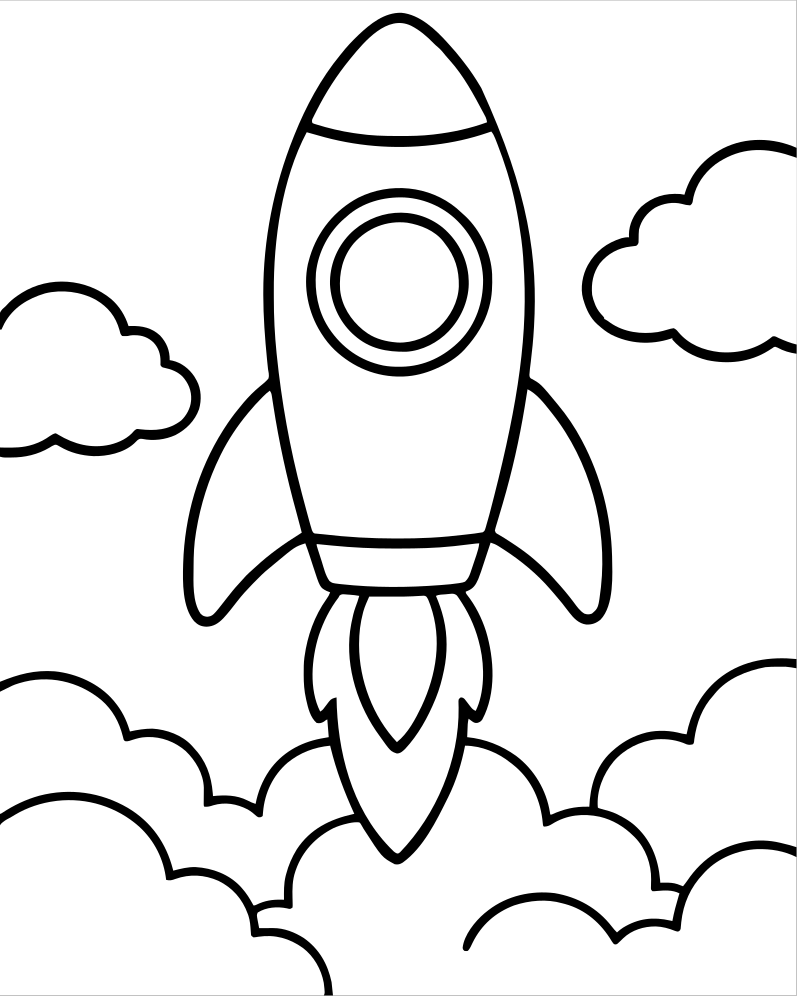 Rocket in the Clouds — free printable Rocket coloring page for kids