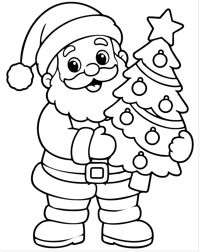 Santa with a Christmas Tree — free printable Santa Claus coloring page for kids