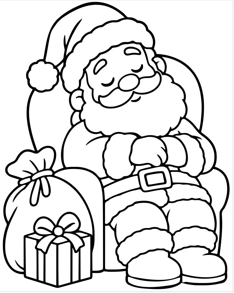 Sleepy Santa After Christmas — Santa Claus coloring page to print for children