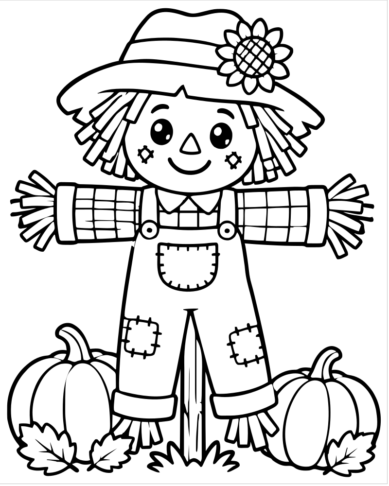 Autumn Scarecrow Scene picture to color — Scarecrow coloring page for kids