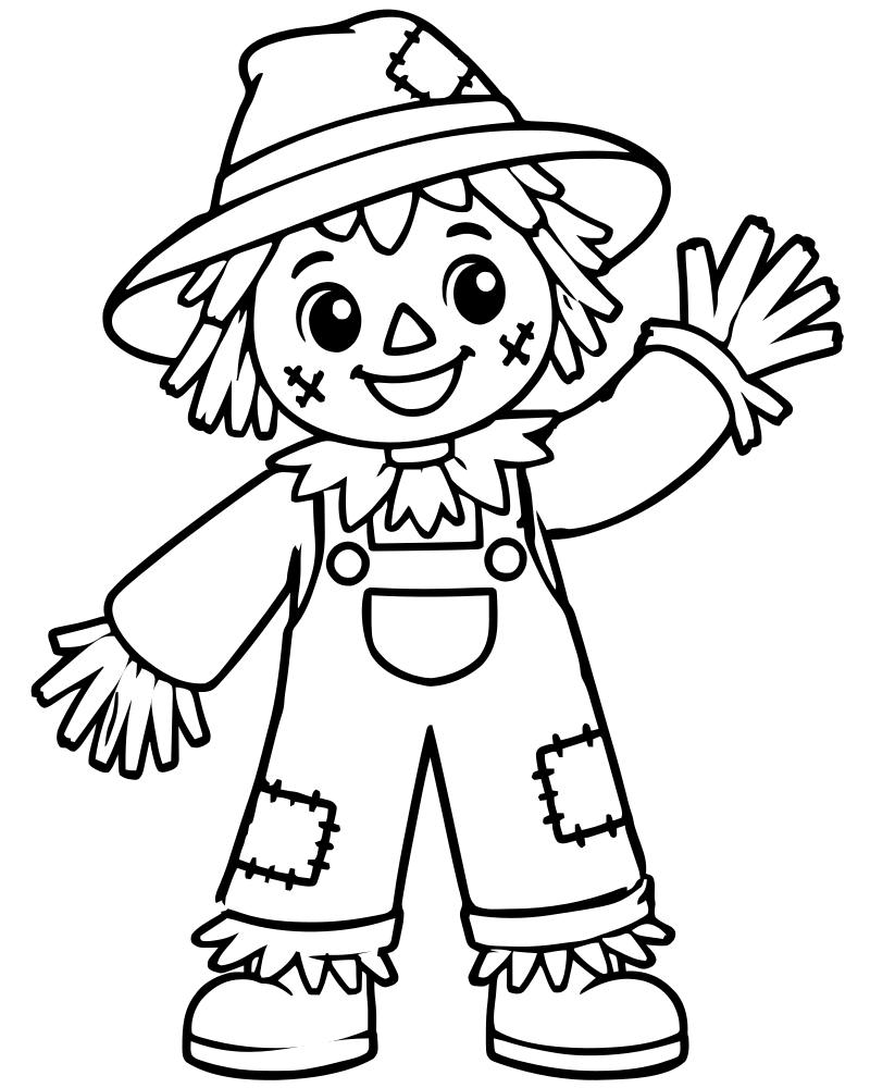 Friendly Scarecrow Wave — printable Scarecrow coloring sheet for preschoolers