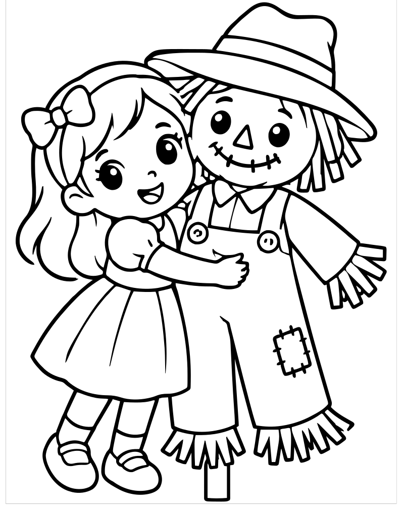 Girl and Scarecrow — free printable Scarecrow coloring page for kids
