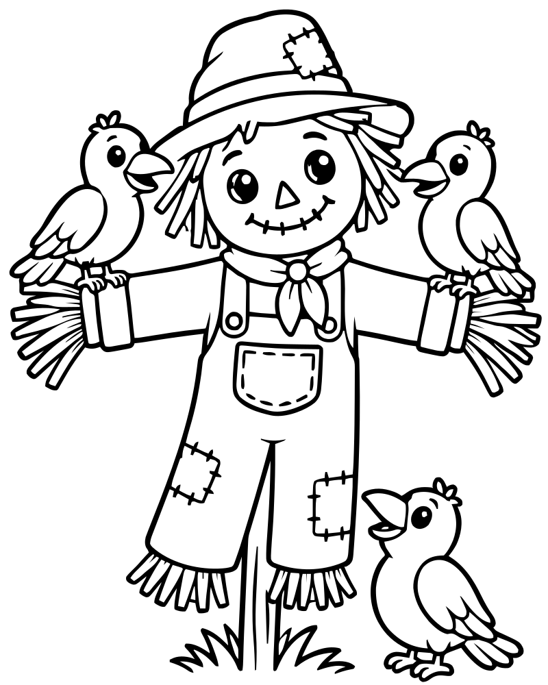 Scarecrow and Crows — Scarecrow coloring page to print for children