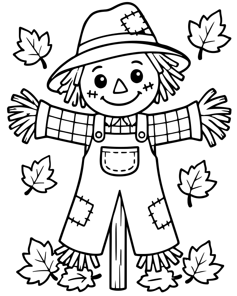 Printable scarecrow and fall leaves line art — Scarecrow coloring page