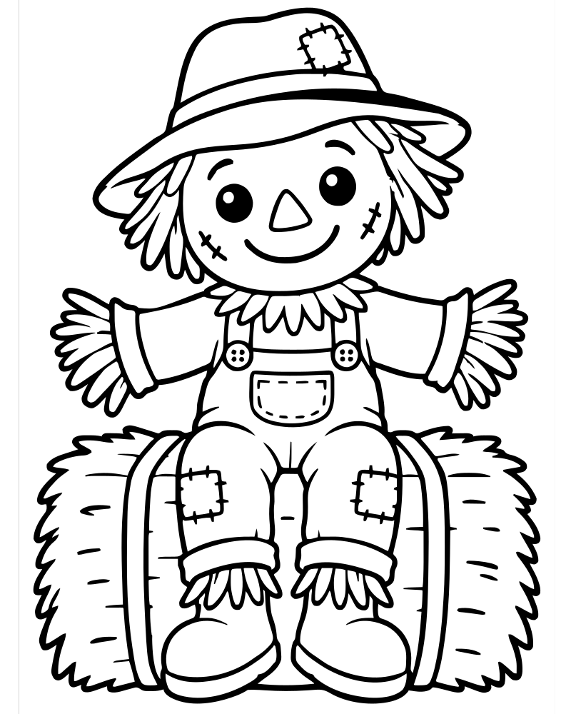 Printable scarecrow and hay bale line art — Scarecrow coloring page