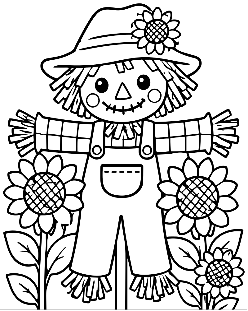 Scarecrow and Sunflowers picture to color — Scarecrow coloring page for kids