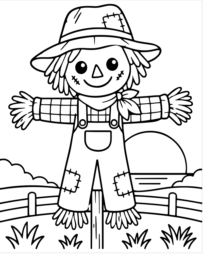 Scarecrow at Sunset picture to color — Scarecrow coloring page for kids