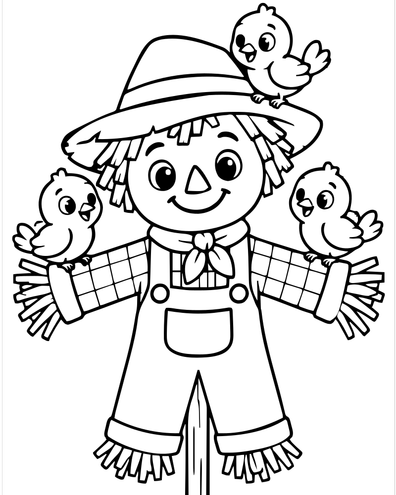 Scarecrow Bird Friends — printable Scarecrow coloring sheet for preschoolers
