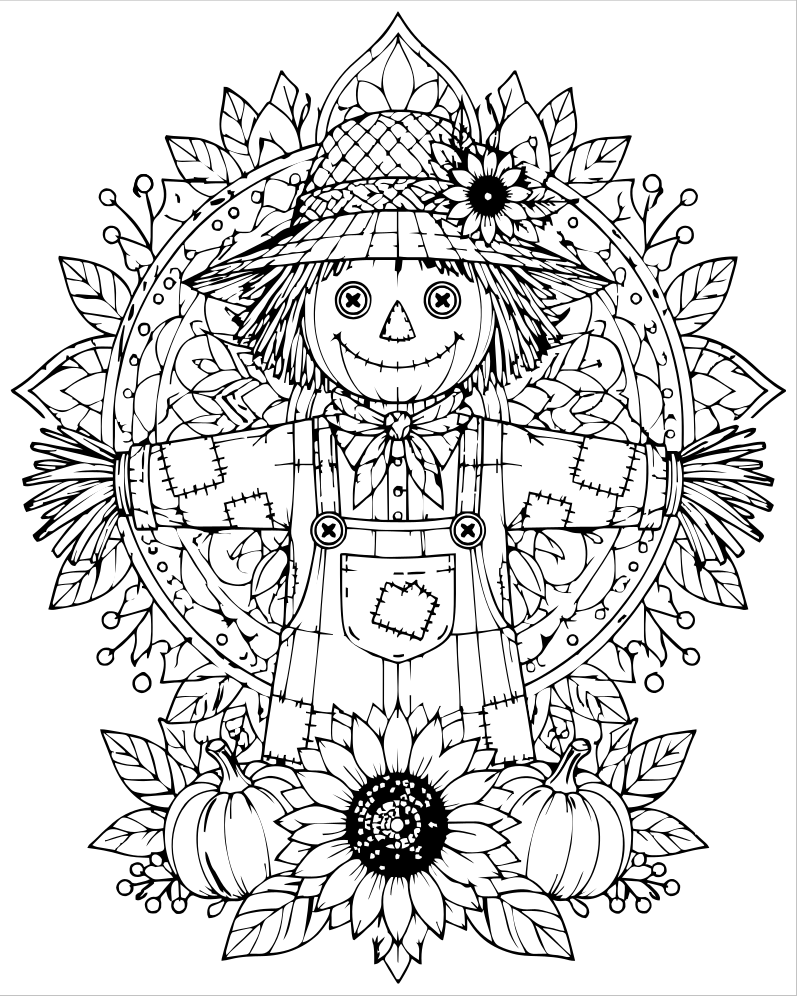 Scarecrow Mandala — printable Scarecrow coloring sheet for preschoolers