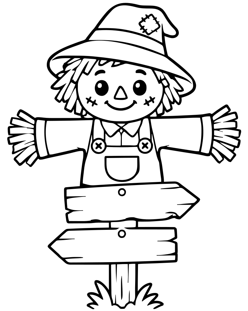Scarecrow Signpost — free printable Scarecrow coloring page for kids