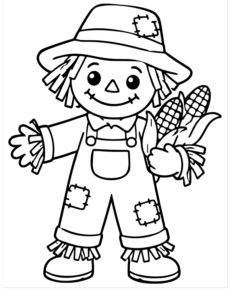 Scarecrow with Corn — free printable Scarecrow coloring page for kids
