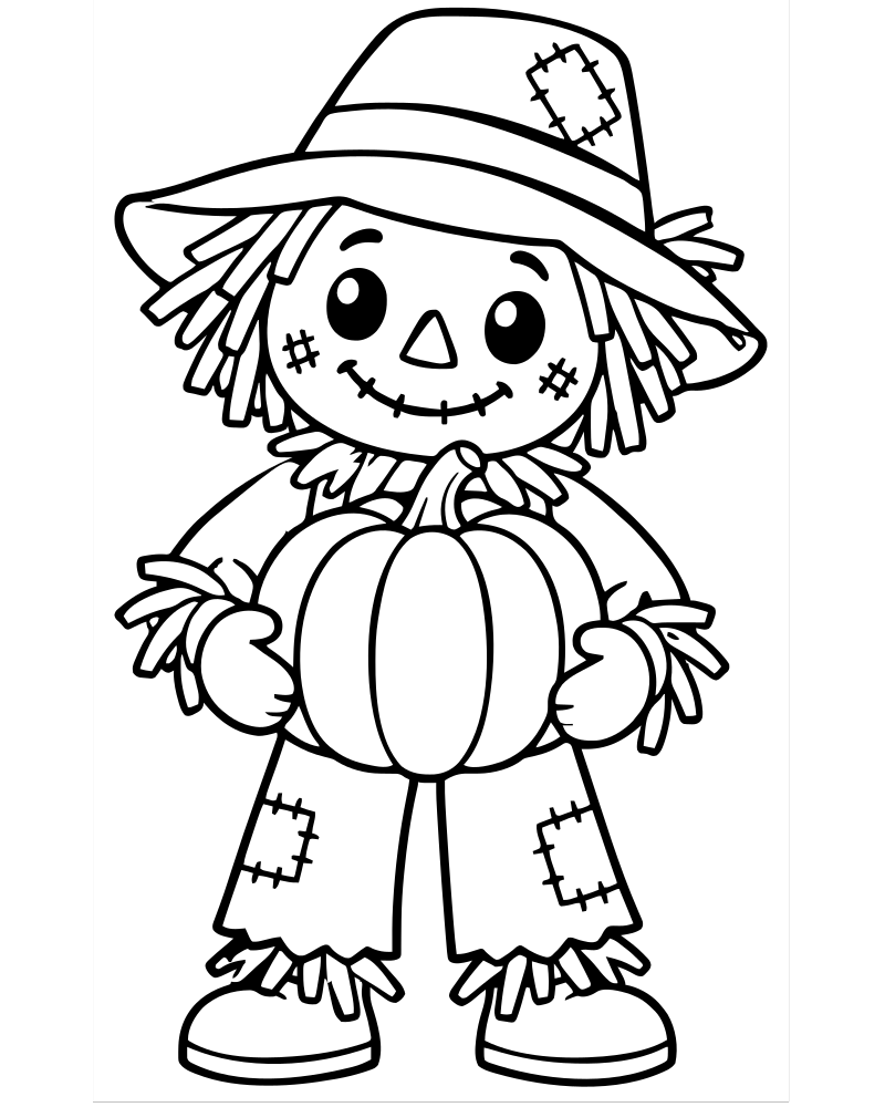 Printable scarecrow with pumpkin line art — Scarecrow coloring page