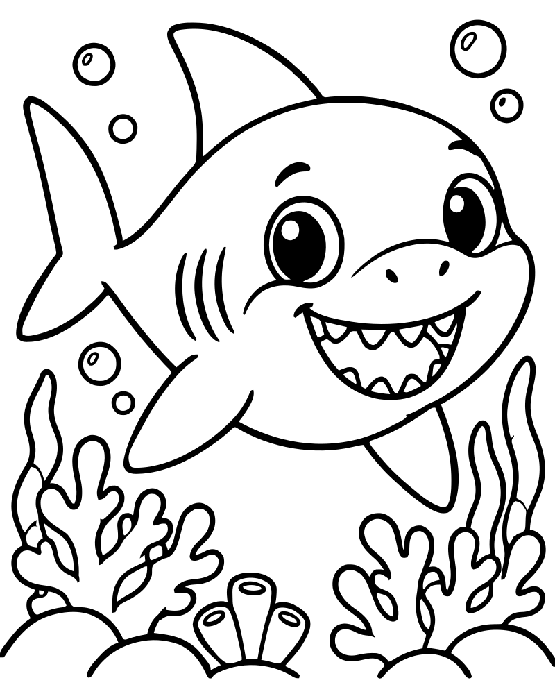 Shark Among Coral — Shark coloring page to print for children