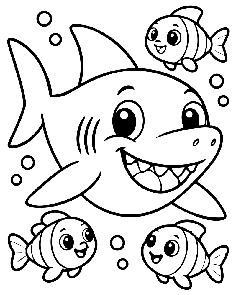 Shark and Fish Friends — free printable Shark coloring page for kids