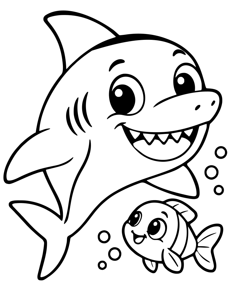 Shark and Little Fish — free printable Shark coloring page for kids