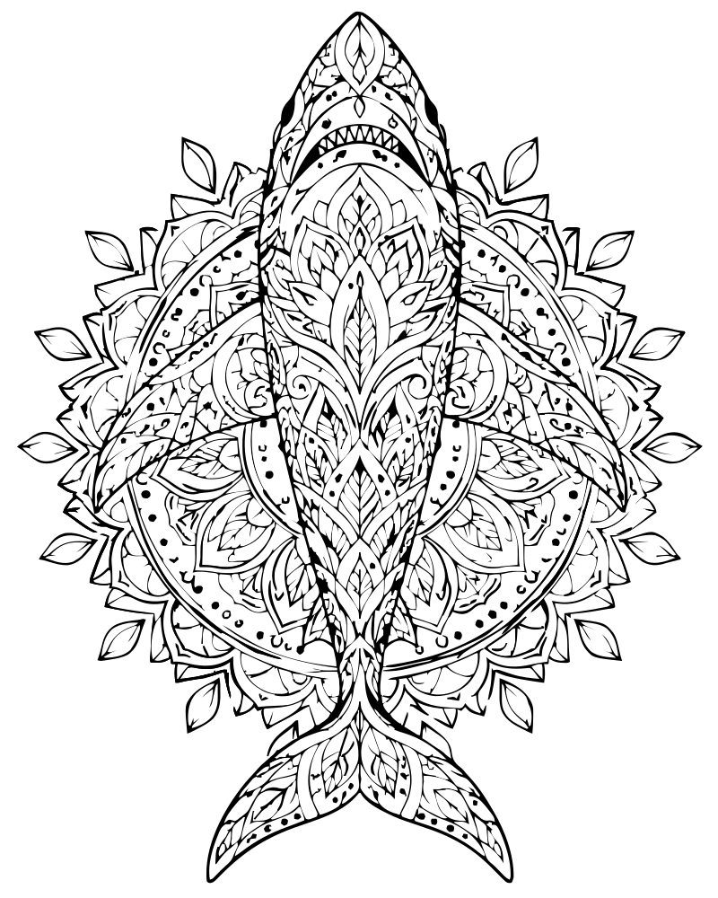 Printable shark mandala line art — Shark coloring page