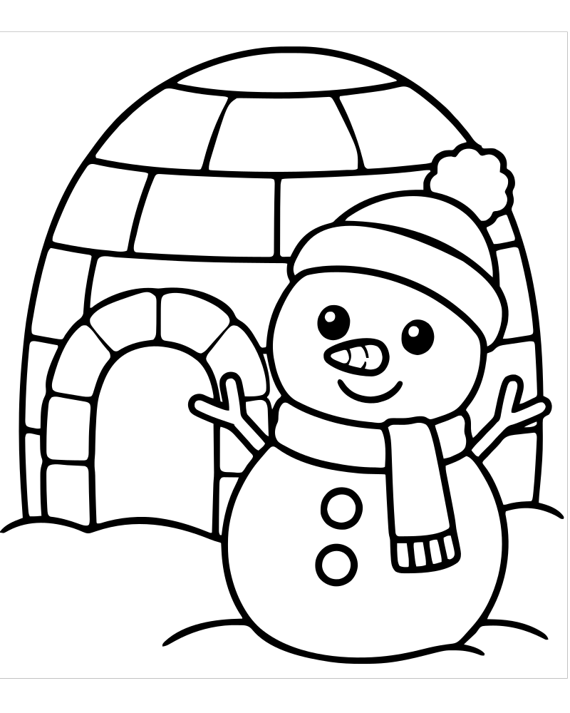 Printable snow igloo and snowman line art — Snowman coloring page