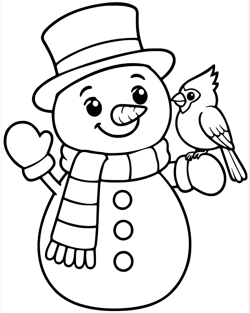 Printable snowman and cardinal line art — Snowman coloring page