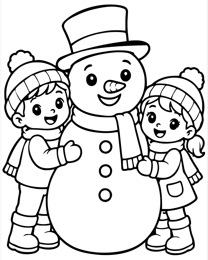 Snowman and Kids — Snowman coloring page to print for children