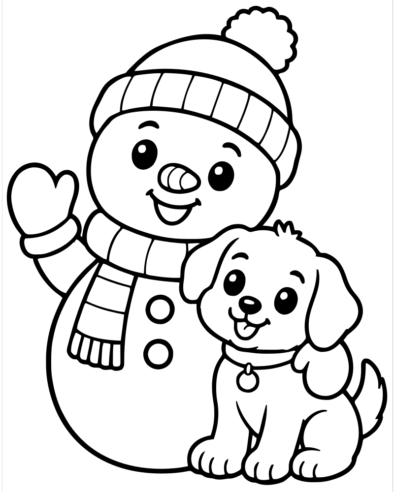 Snowman and Puppy picture to color — Snowman coloring page for kids