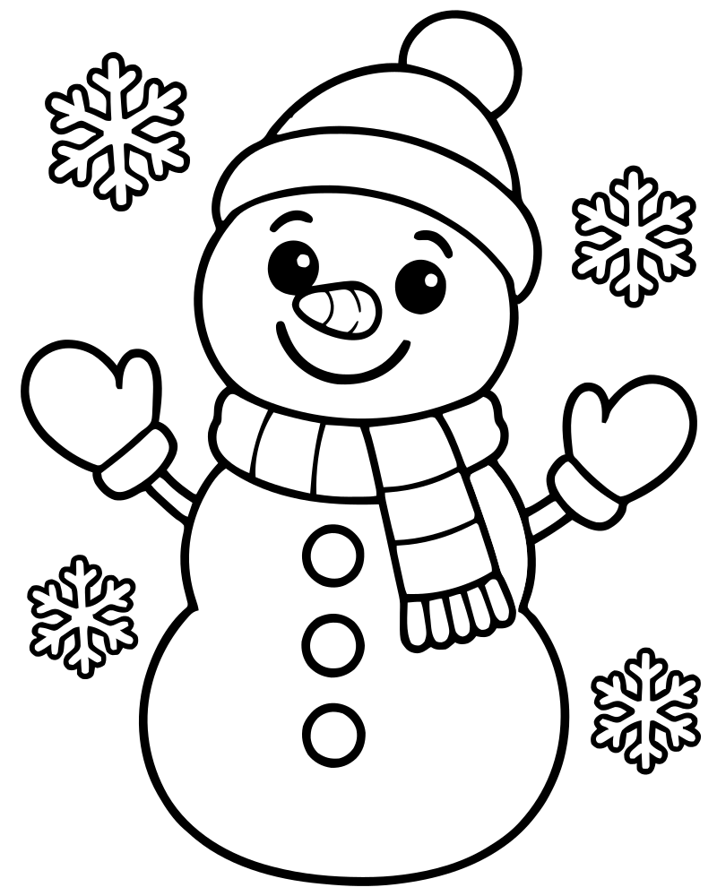 Snowman and Snowflakes — free printable Snowman coloring page for kids