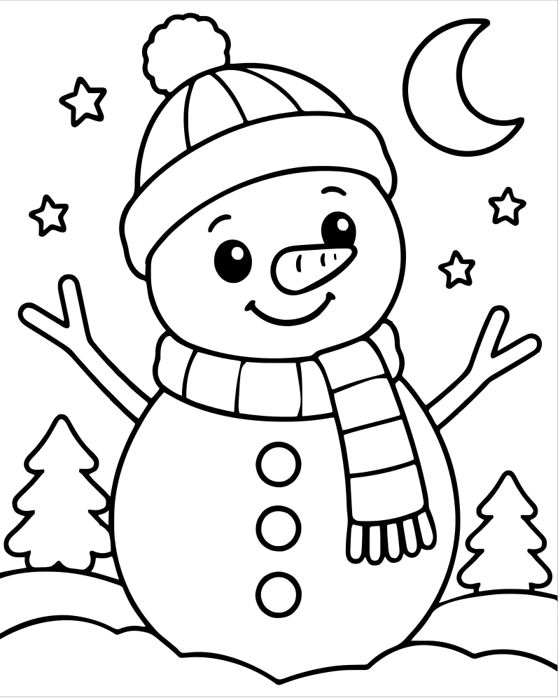 Snowman at Night — free printable Snowman coloring page for kids