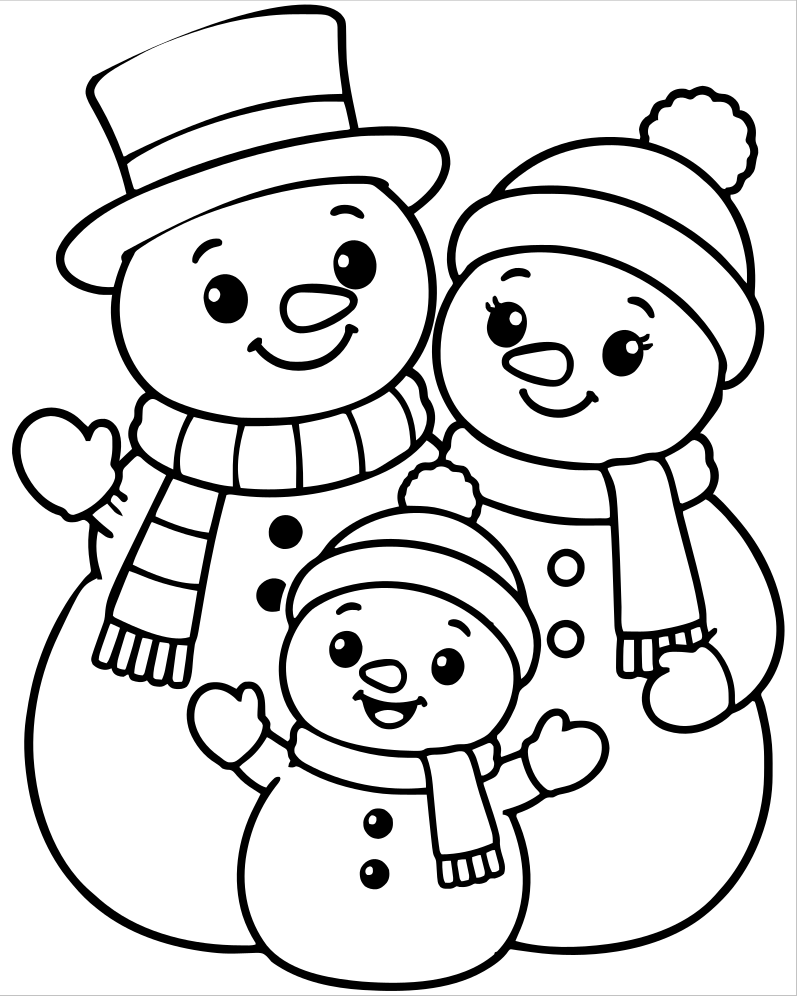 Snowman Family — printable Snowman coloring sheet for preschoolers