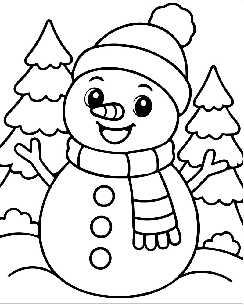 Snowman Forest Scene — printable Snowman coloring sheet for preschoolers