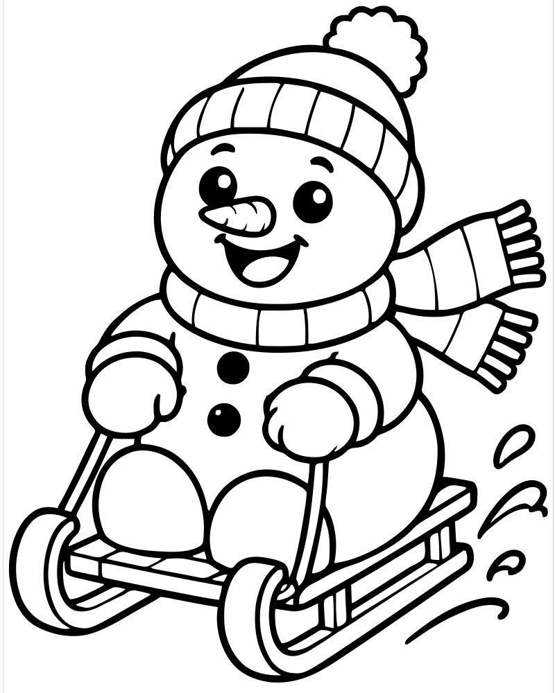 Snowman Sledding — printable Snowman coloring sheet for preschoolers
