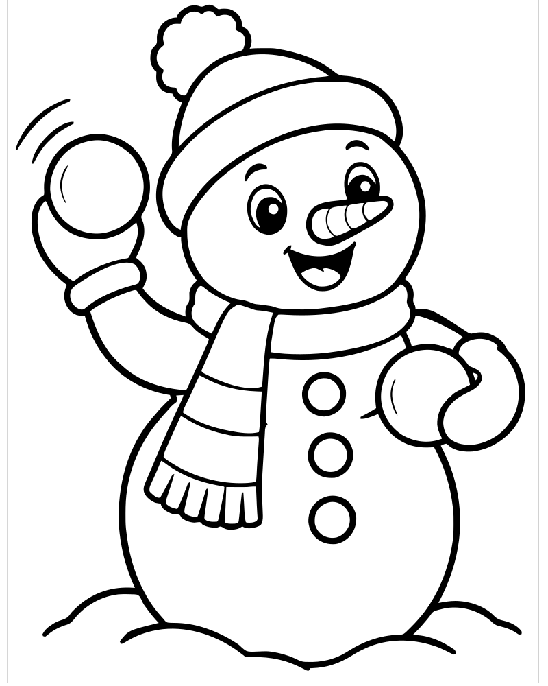 Snowman Snowball Fight — Snowman coloring page to print for children