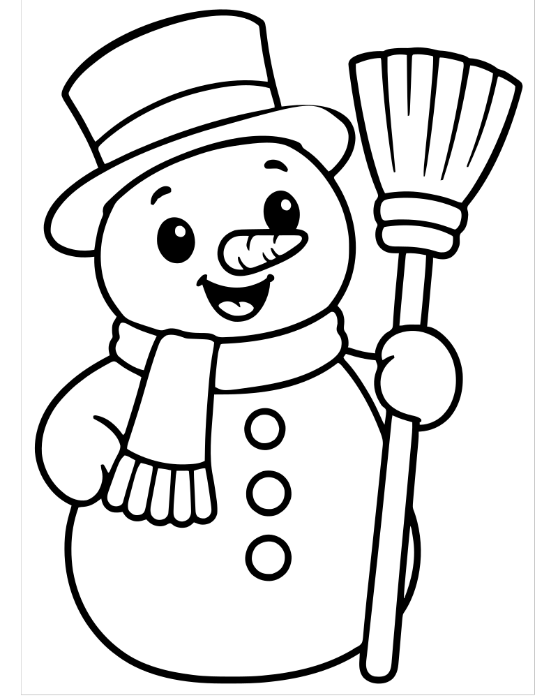 Snowman with a Broom picture to color — Snowman coloring page for kids