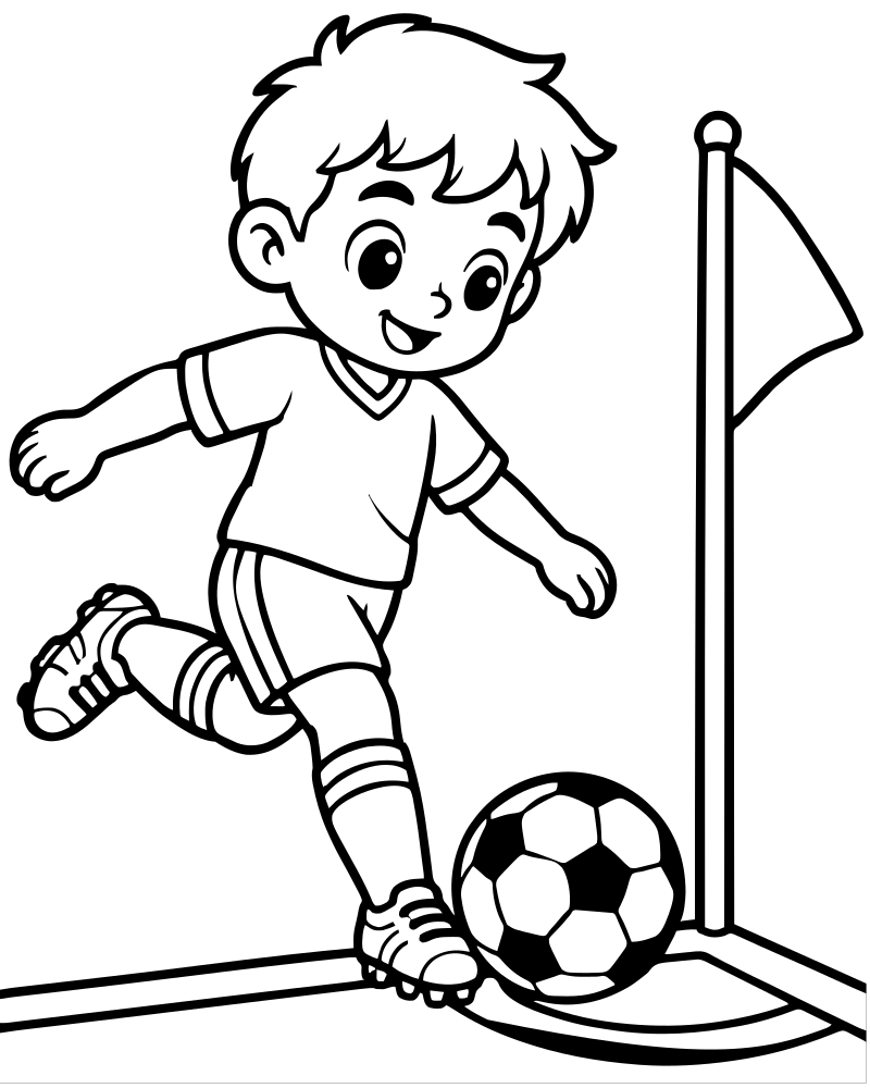 Corner Kick — printable Soccer coloring sheet for preschoolers