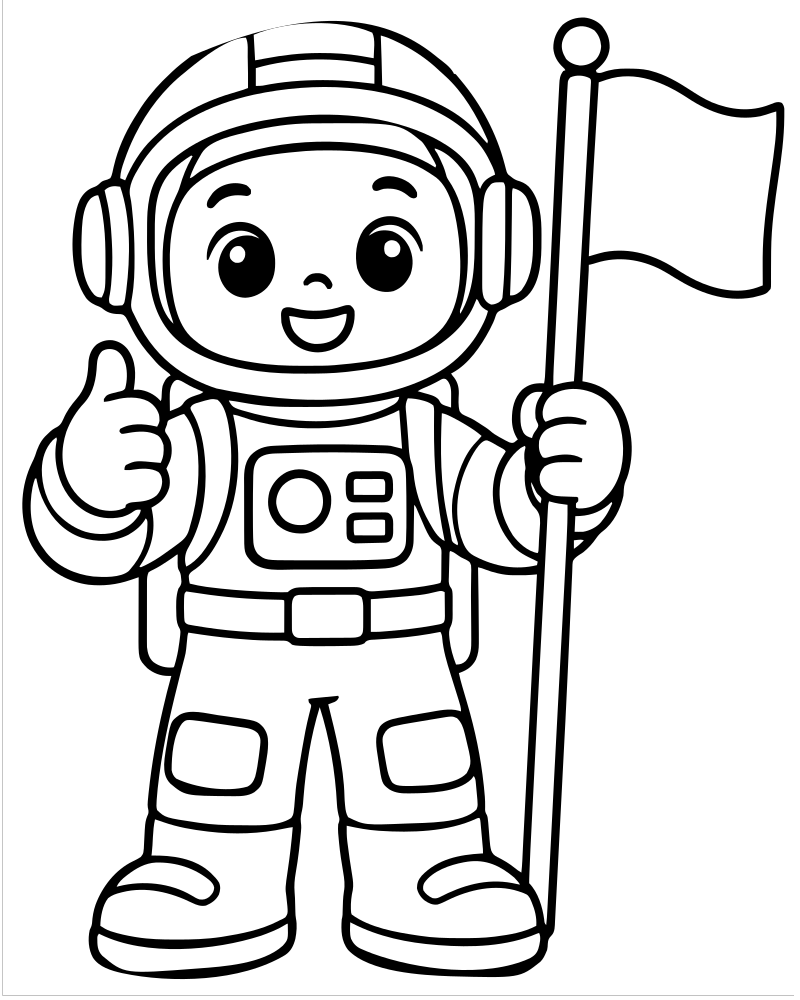 Astronaut and Flag — Space coloring page to print for children