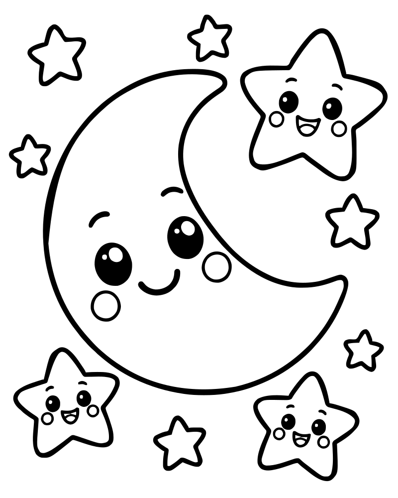Moon and Stars — printable Space coloring sheet for preschoolers
