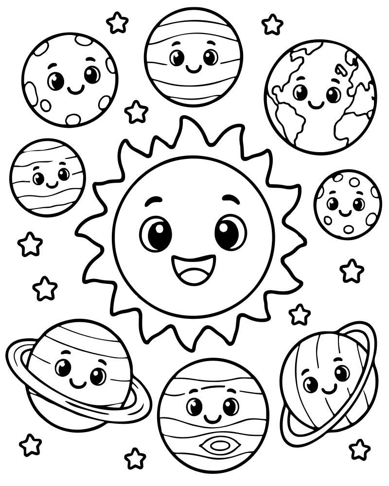 Printable solar system line art — Space coloring page