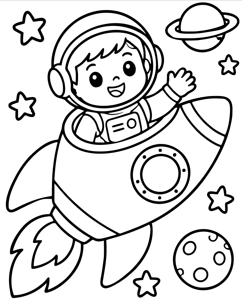 Printable space adventure line art — Space coloring page