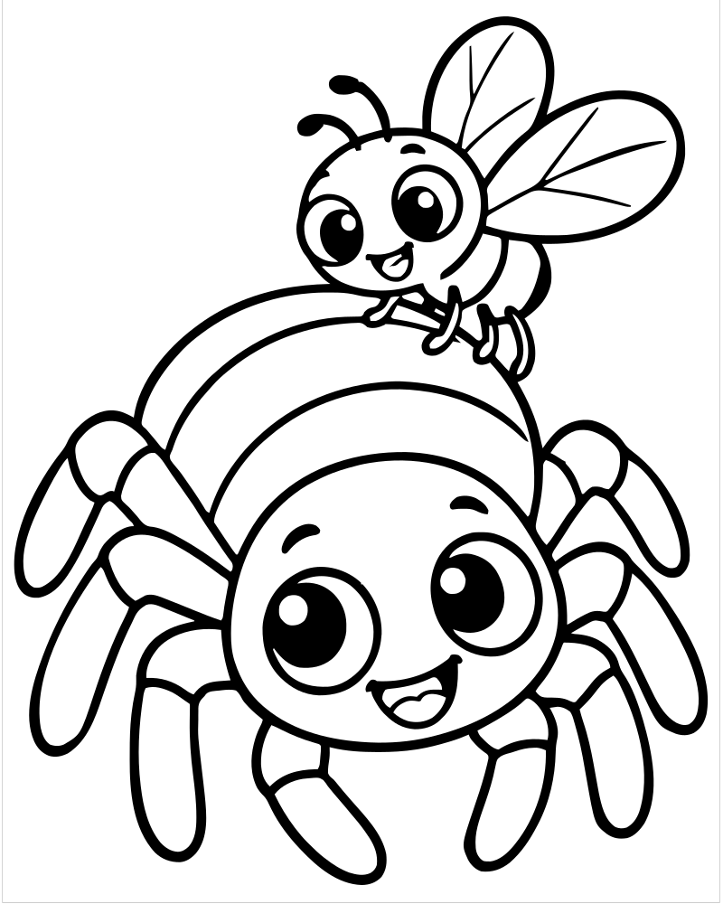 Printable spider and fly friends line art — Spider coloring page