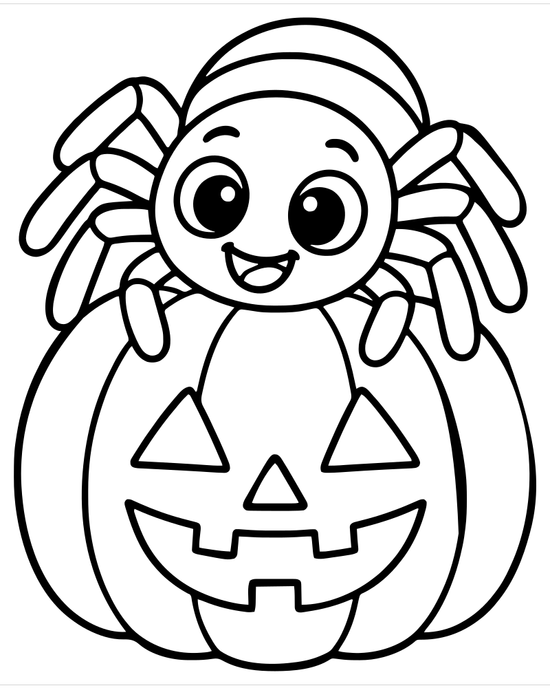 Printable spider and pumpkin line art — Spider coloring page