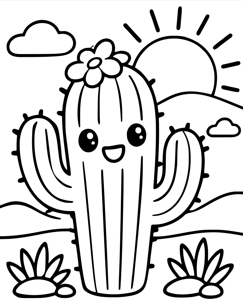 Cactus Sunset — Sunset coloring page to print for children