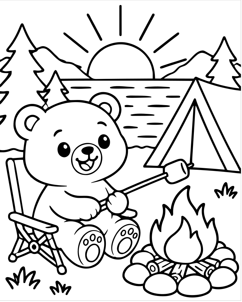 Camping Sunset — Sunset coloring page to print for children