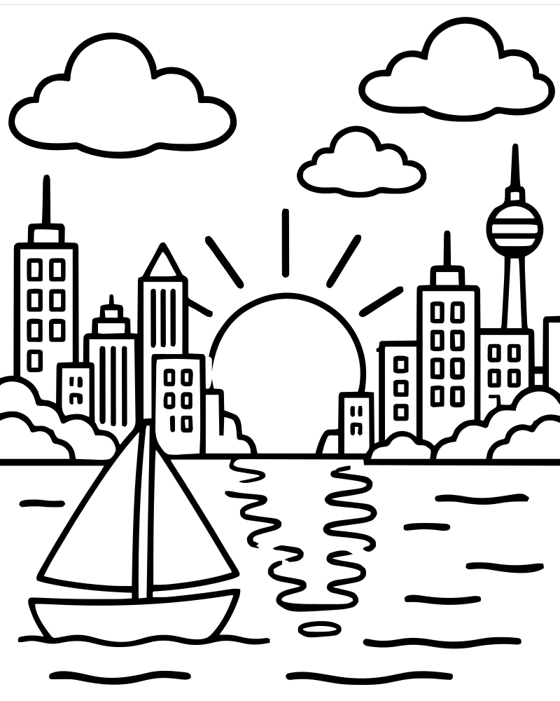 City Sunset — Sunset coloring page to print for children
