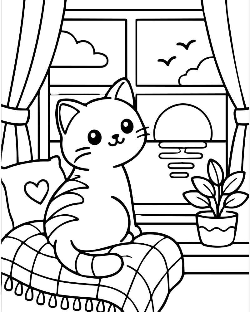 Cozy Window Sunset — printable Sunset coloring sheet for preschoolers