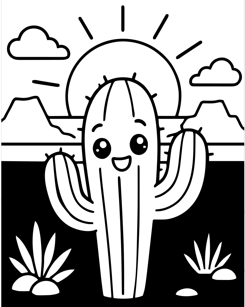 Printable desert sunset line art — Sunset coloring page