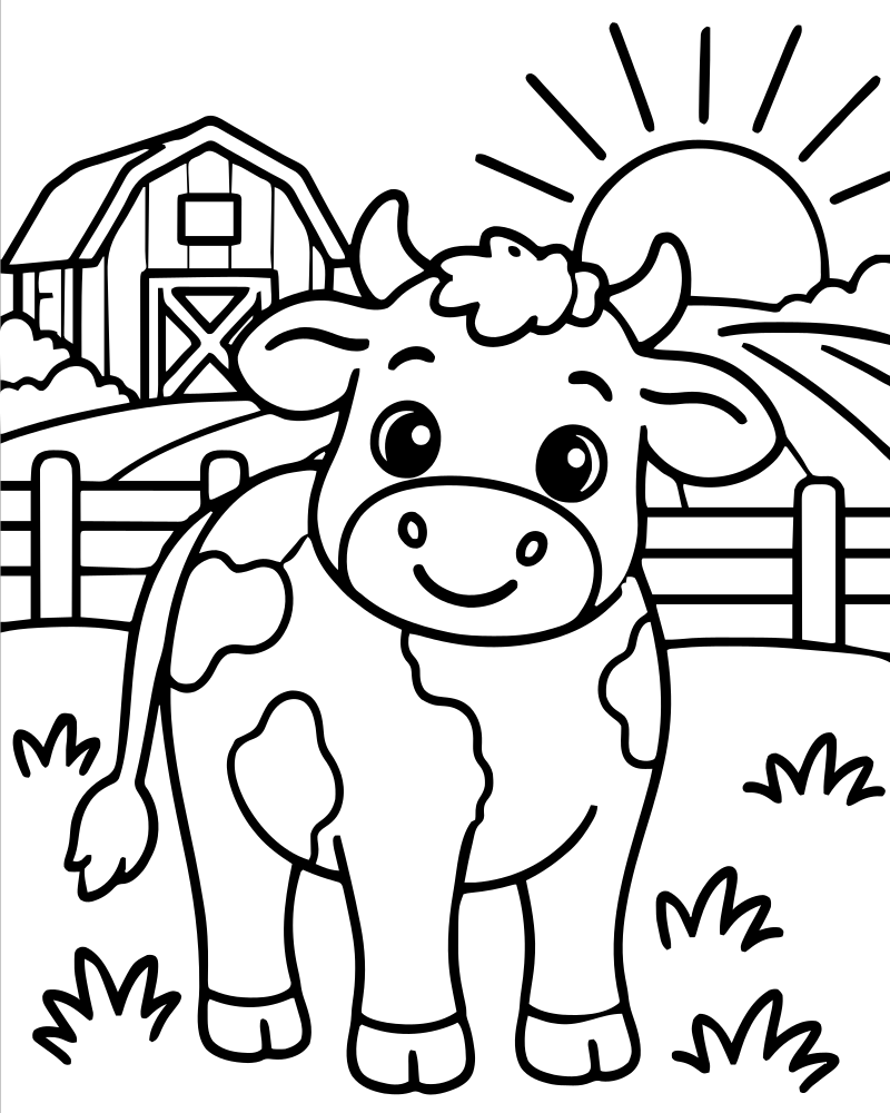 Farm Field Sunset picture to color — Sunset coloring page for kids