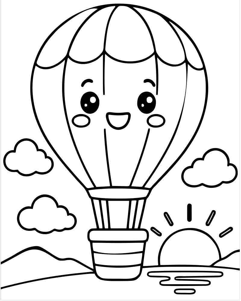 Hot Air Balloon at Sunset — free printable Sunset coloring page for kids